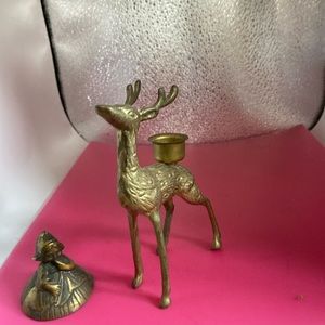 Brass bell shaped like a Dutch girl & a standing antler deer with candle holder